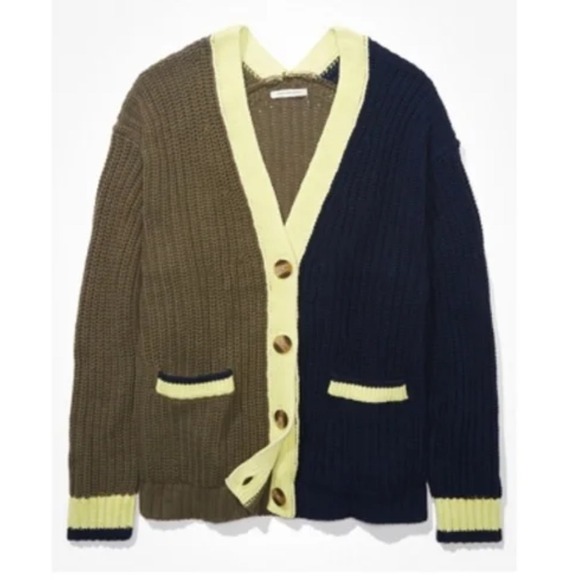 American Eagle Colorblock Cardigan Sweater Oversize Olive Navy Yellow Size Small - Picture 1 of 8